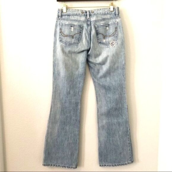 Cest Toi Embroidered Distressed Wide Leg Flare Jeans Jr Size 3 Blue Denim Boho - Picture 3 of 11